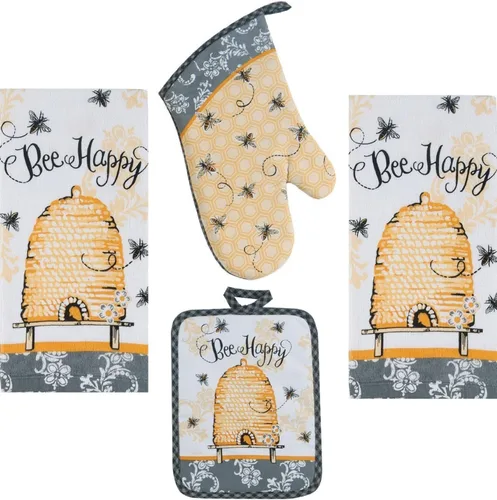 Juego de cocina Bee Happy de 4 piezas, 2 toallas de rizo, manopla para horno, agarradera
