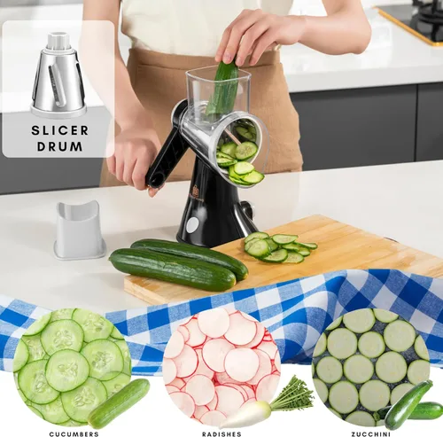 Miniatura 7 de Brieftons Rallador de queso giratorio de 4 cuchillas, cortador de alimentos de cocina con asa, cortador de verduras de mandolina, molinillo
