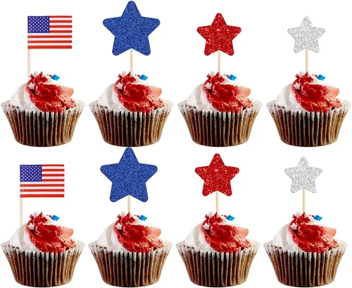 Miniatura 10 de Gyufise 24 adornos para cupcakes del Día de la Independencia con mapa de la bandera de Estados Unidos, patrióticos para cupcakes del 4 de julio, Día