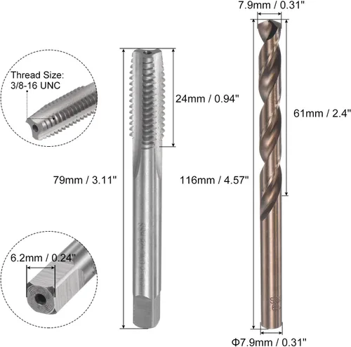 Miniatura 2 de uxcell 3/8-16 UNC Straight Flute Thread Tap y 0.311 in Twist Drill Broca Set, M35 Cobalto de alta velocidad Máquina de acero roscado Herramienta