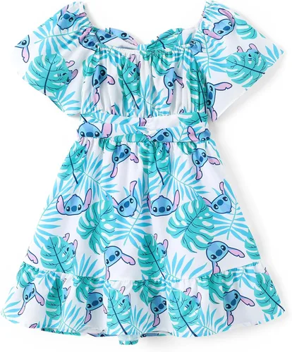 Disney Stitch Minnie Frozen Elsa - Vestido de princesa sin espalda para niñas, hombros descubiertos, manga corta, cintura ceñida, ropa para niños de