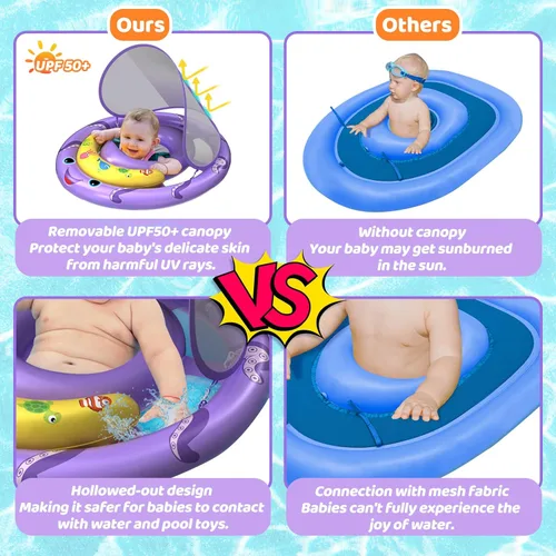 Miniatura 4 de Flotador de piscina para bebé con toldo de protección solar extraíble UPF50+, flotadores de natación para bebés de 6 a 24 meses, diseño doble extra