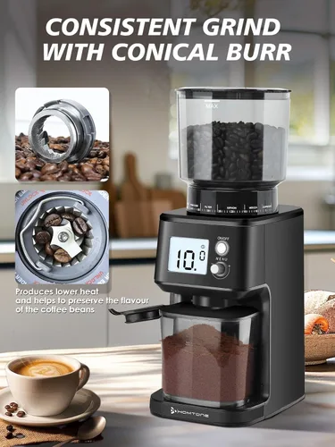 Miniatura 2 de Homtone - Molinillo de café espresso de muelas cónicas, 51 ajustes precisos, molino eléctrico con soporte para portafiltro, ajustable para 2-12