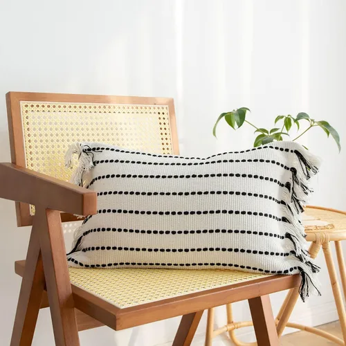 Miniatura 11 de LIGICKY Fundas de almohada decorativas para el hogar, estilo bohemio, con borlas, cuadradas, de algodón, a rayas, para sofá, dormitorio, sala