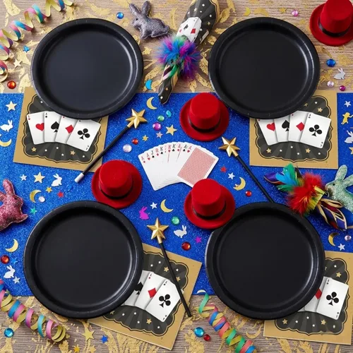 Miniatura 7 de HOME & HOOPLA Suministros mágicos para fiestas y tarjetas para fiestas nocturnas, tarjetas de mago, platos de postre de papel negro y servilletas