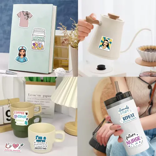 Miniatura 5 de Divertidas calcomanías para enfermeras para niñas, enfermeras adultas, 100 unidades, lindas calcomanías estéticas de enfermería impermeables