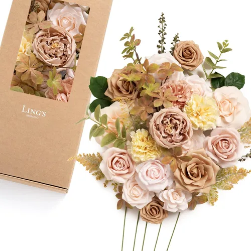 Miniatura 34 de Ling's moment Caja de Flores Falsas, Tallos de Vegetación Artificial Falsa, Rosas de Espuma, Gardenias, Hortensias de Seda, Ranúnculos, Flor de Tela