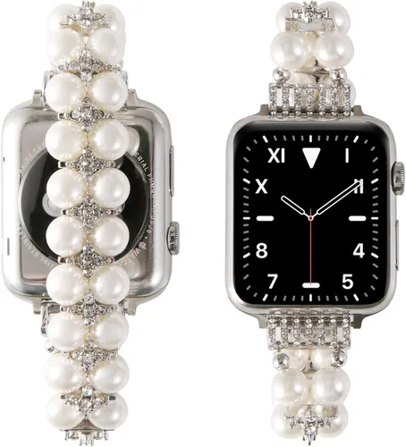 Miniatura 8 de Pulsera de perlas compatible con Apple Watch de 38/40/41 mm 42/44/49 mm iWatch Series 9/8/7/6/5/4/3/2/1, correa de repuesto de joyería de diamantes