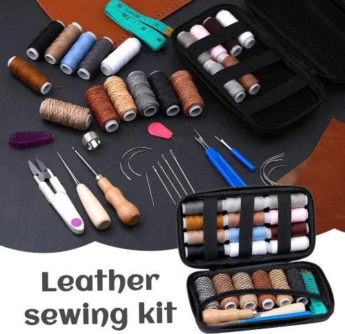 Miniatura 3 de BUTUZE Kit de reparación de tapicería, kit de costura de cuero, hilo de coser, hilo encerado, agujas de coser a mano resistentes, punzón de costura