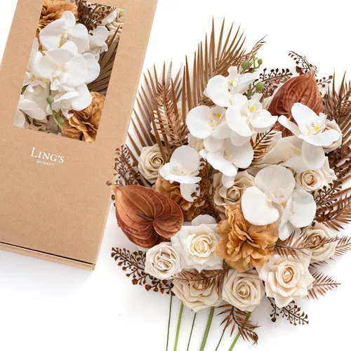 Miniatura 23 de Ling's moment Caja de Flores Falsas, Tallos de Vegetación Artificial Falsa Rosas de Espuma Dalias de Seda Hojas de Rosa Flor de Tela para Centros