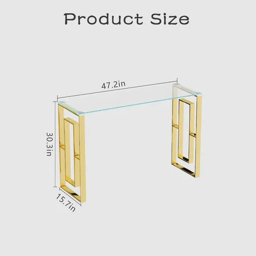 Miniatura 2 de SSLine Mesa consola de vidrio templado, mesa de sofá de cristal transparente con marco de acero inoxidable, mesas de entrada doradas para pasillo