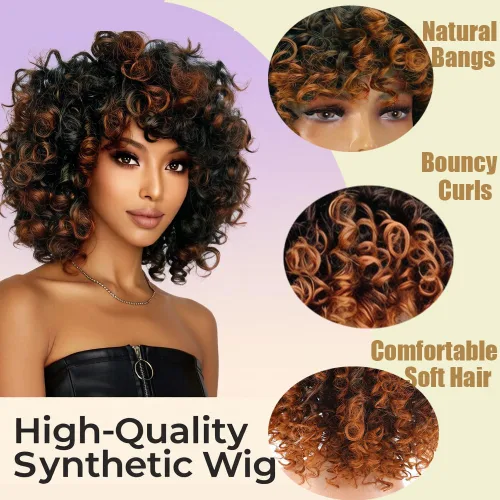 Miniatura 4 de Curly Wigs for Black Women Short Curly Wig with Bangs Soft Bouncy Fluffy Small Curls Heat Resistant Synthetic Wig for Daily Party Use Ombre Brown 14