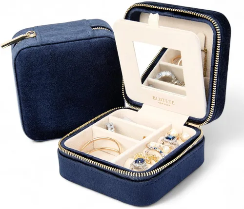 Miniatura 6 de BLUTETE Joyero de viaje organizador de terciopelo con anillos de espejo, aretes, collares, caja organizadora de almacenamiento (negro)
