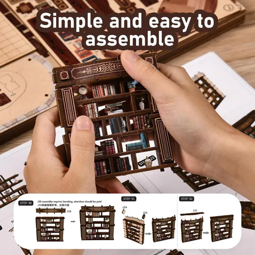 Miniatura 8 de Kit de rincón de libros en miniatura para casa de muñecas, rompecabezas de madera 3D con luz, decoración de estantería de casa pequeña, construcción
