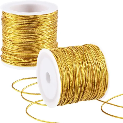 2 Rollos de Cordones Elásticos Metálicos Cinta de Cordón Metálico de Oropiel para Hacer Manualidades y Envolver Regalos, 1 mm 50 m
