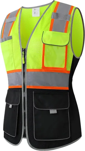 Miniatura 12 de Chaleco de seguridad para mujeres, chaleco de trabajo reflectante de alta visibilidad con 9 bolsillos múltiples y cremallera Negro