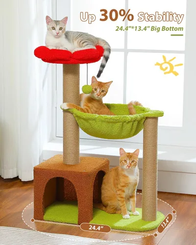 Miniatura 3 de MUTTROS Árbol para gatos con flores con postes rascadores de sisal, linda torre para gatos de 35" con hamaca verde grande para gatos pequeños