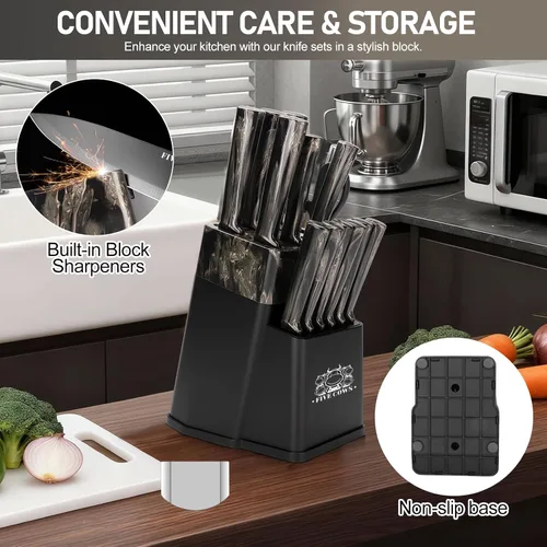 Miniatura 5 de Juego de Cuchillos de Cocina de 16 Piezas con Bloque y Tabla de Cortar - Cuchillos Alemanes de Acero Inoxidable, Afilador Integrado, Apto para Negro