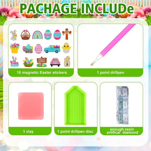 Miniatura 5 de Umigy 16 piezas de imanes de arte de diamante de Pascua para refrigerador, imanes de pintura de diamante de primavera, huevos DIY, gnomo, camión
