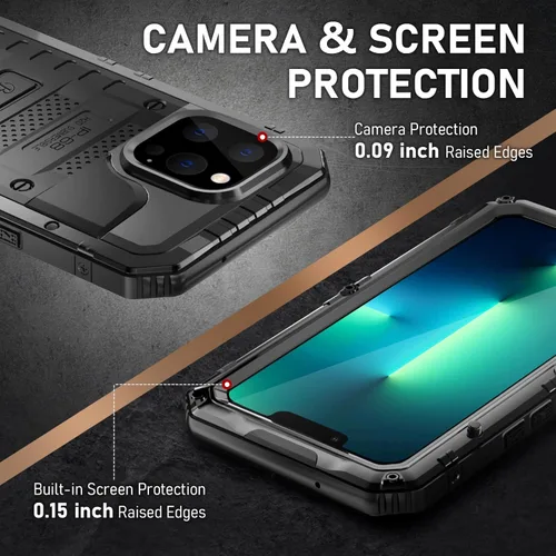 Miniatura 5 de Beasyjoy - Funda impermeable para iPhone 13 Pro, carcasa de metal con protector de pantalla integrado, carcasa protectora de cuerpo completo de Negro