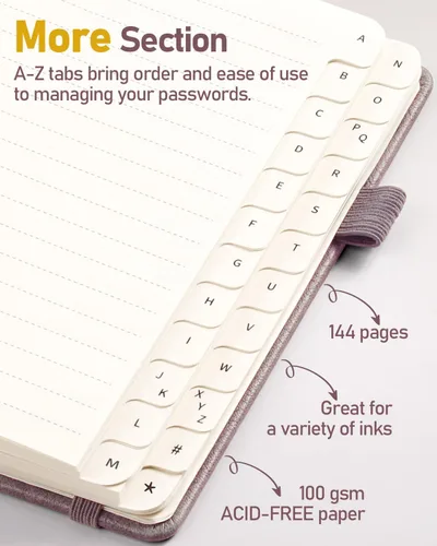Miniatura 53 de WEMATE Libro de contraseñas con pestañas alfabéticas, libro en espiral para personas mayores, cuaderno de contraseñas de Internet, diario