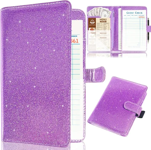 Miniatura 9 de Libreta para camarera, organizador de cuero con bolsillo con cremallera, cartera de dinero para camarera brillante y soporte para bolígrafos, Oro