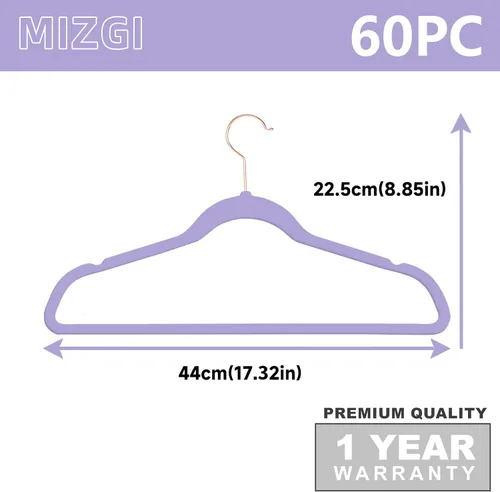 Miniatura 6 de MIZGI Perchas de Terciopelo Premium (Paquete de 60) Resistentes - Perchas de Fieltro Antideslizantes - Percha de Traje de Terciopelo Morado Claro