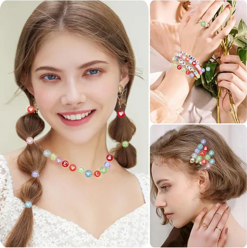 Miniatura 6 de Looconi 1400 piezas Cuentas de letras 7x4mm transparentes y coloridas para hacer joyas, pulseras, trenzas de cabello, manualidades