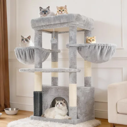 Miniatura 9 de Hey-brother Torre para Gatos con Plataforma Extra Grande, Condominio Espacioso, 2 Hamacas Cómodas, Cepillo de Auto-Acicalamiento, Postes Rascadores