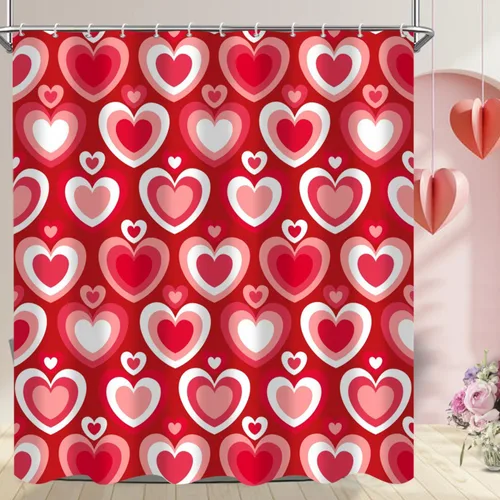 Miniatura 2 de Cortina de ducha para el día de San Valentín, diseño de corazones amorosos rojos, diseño romántico de San Valentín, años 60, 70, retro, impermeable