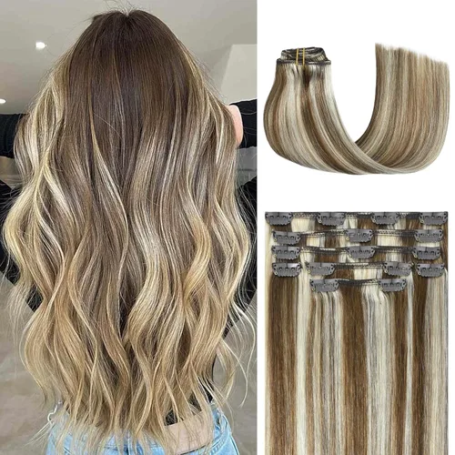 Miniatura 32 de Honsoo Extensiones de cabello humano real de color marrón con pinzas, marrón castaño, 15 pulgadas, 70 g, 7 unidades, cabello lacio sedoso y marrón