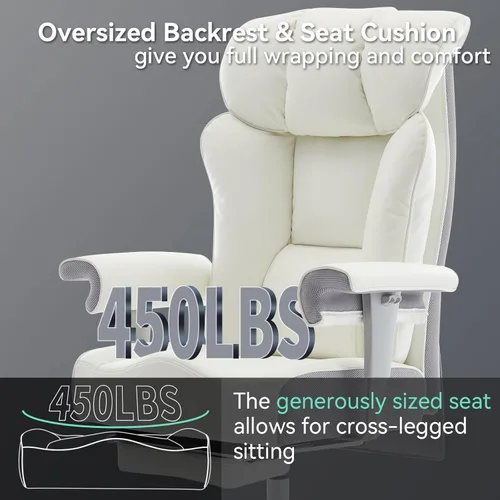 Miniatura 5 de Efomao Silla de oficina grande y alta con reposapiés, silla ejecutiva de respaldo alto de 450 libras con cojín de resorte, tapicería de piel Blanco