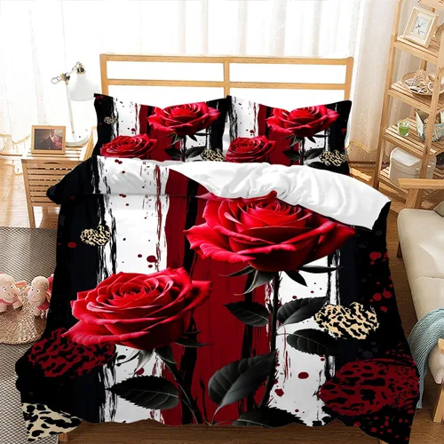Miniatura 28 de AILONEN - Juego de funda de edredón tamaño individual, diseño de corazones para parejas, juego de ropa de cama rojo y negro, diseño "Yo y tú", juego