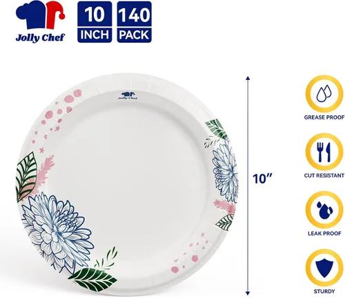 Miniatura 2 de JOLLY CHEF Platos de papel desechables resistentes con estampado de flores, a prueba de remojo, cortes, resistentes para uso diario