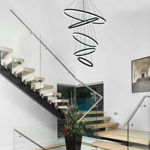 Miniatura 3 de Candelabro LED moderno de 5 anillos, color negro, regulable, de techo alto, para comedor con control remoto para vestíbulo, sala de estar, entrada
