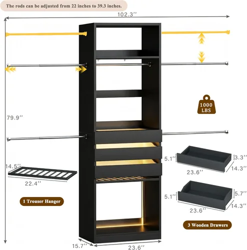 Miniatura 8 de Sistema de armario, organizador de armario de 4 a 8 pies con 3 cajones de madera y parte superior de cristal, armario de 102 pulgadas con 5 varillas