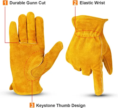 Miniatura 3 de OZERO Guantes de trabajo de piel de vaca con agarre flexible para cortar madera, construcción, conducción de camiones, jardín/patio para trabajo Oro