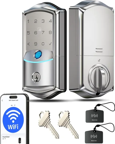 Veise VE027 - Cerradura inteligente Wi-Fi integrada, cerradura de puerta de entrada sin llave de huellas dactilares, control remoto de aplicación y