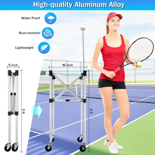 Miniatura 3 de Angooni Carrito de tenis profesional con ruedas silenciosas de poliuretano – 2 opciones de capacidad (150/240 bolas) – Almacenamiento resistente