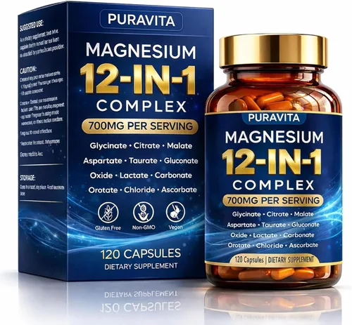 Puravita Cápsulas complejas de magnesio 12 en 1, mezcla de alta absorción de 700 mg con glicinato, citrato, malato, óxido y taurato. Apoya la