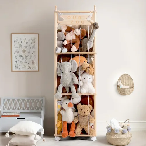 Mloong Almacenamiento de animales de peluche, almacenamiento de zoológico de animales de peluche de madera, organizador de juguetes de ahorro de