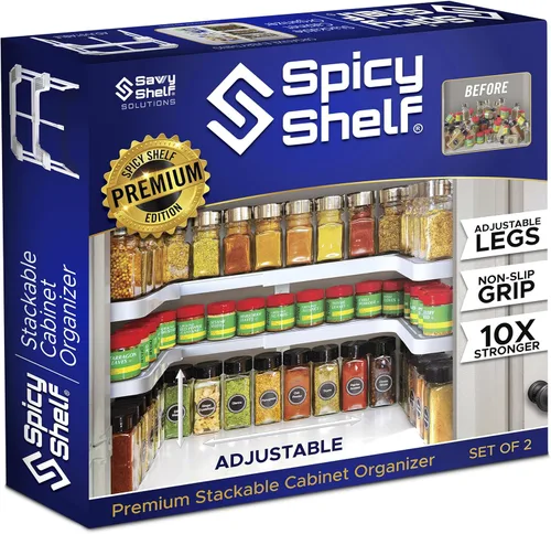 Spicy Shelf 3.0 - Organizador de especias expandible de 2 niveles para armario y despensa, organizador de condimentos de cocina, estantes de