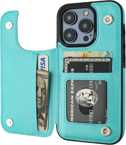 ONETOP Funda tipo cartera compatible con iPhone 15 Pro con soporte para tarjetas, funda de piel sintética con ranuras para tarjetas, doble cierre