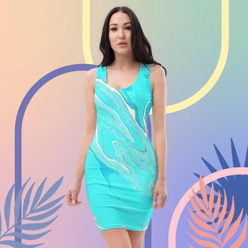Miniatura 2 de Vestido ajustado elástico azul playero para mujer, 82% poliéster, 18% elastano, fabricado en los Estados Unidos