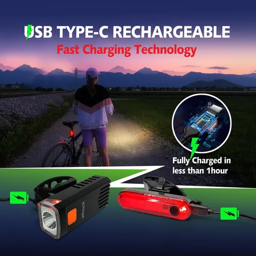 Miniatura 6 de Kunhe Luces de bicicleta recargables USB-C delanteras y traseras (2 o 4 o 10 o 20 paquetes) conducción nocturna para niños y adultos, 3 modos