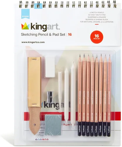 KINGART Juego de bocetos de 16 piezas, lápices de dibujo profesional con lápices de grafito y carbón para principiantes, estudiantes, adultos