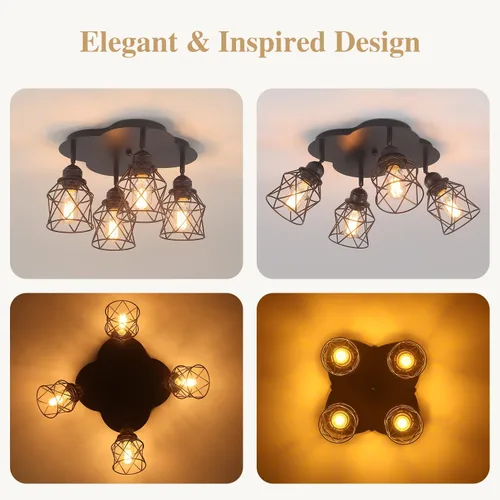 Miniatura 3 de Luminarias de techo para cocina de 4 luces con montaje al techo, lámpara de techo empotrada negra ajustable multidireccional, lámpara de jaula
