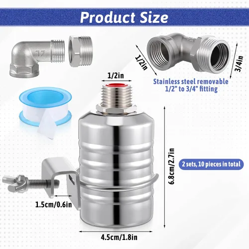 Miniatura 2 de Válvula de flotador de acero inoxidable 304 con control automático de nivel de agua, válvula de flotador de 1/2 a 3/4 pulgadas con cierre automático