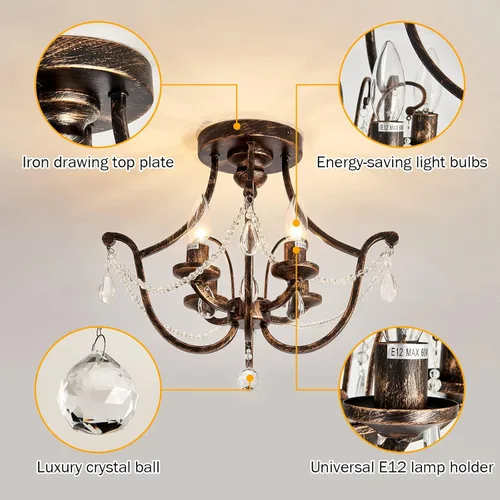 Miniatura 3 de UOFUS Candelabro de Cristal Vintage Semi Empotrado en Bronce Frotado con Aceite de 4 Luces, Lámpara de Techo de Metal Pequeña, Luminaria de Techo