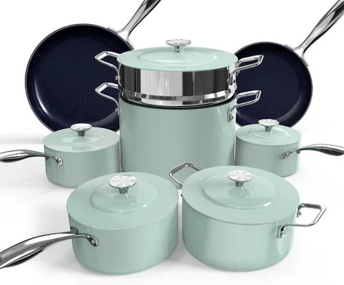 Nuwave Lux - Juego de utensilios de cocina ligeros forjados de 13 piezas, sin PFAS, revestimiento de cerámica saludable G10 Duralon, ultra Verde